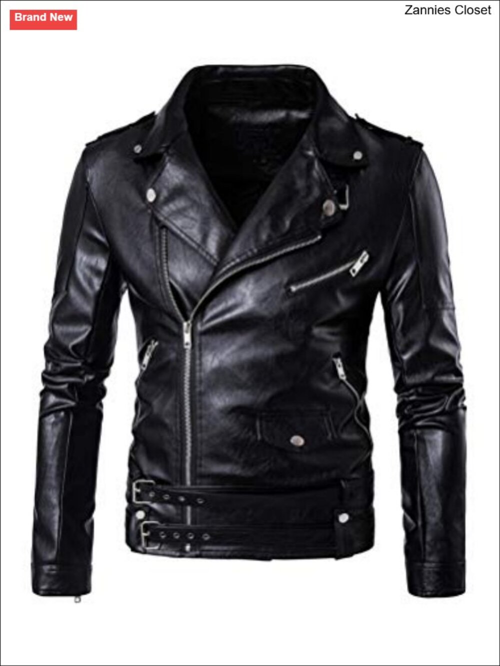 Men's Faux Leather Motorcycle Jacket Slim Fit Belted Biker Coat